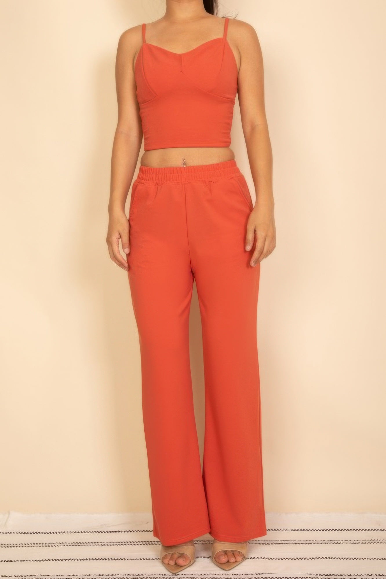 CCWHOLESALECLOTHING Wide Leg Pants Set in Orange with Spaghetti Straps and Comfortable Fit