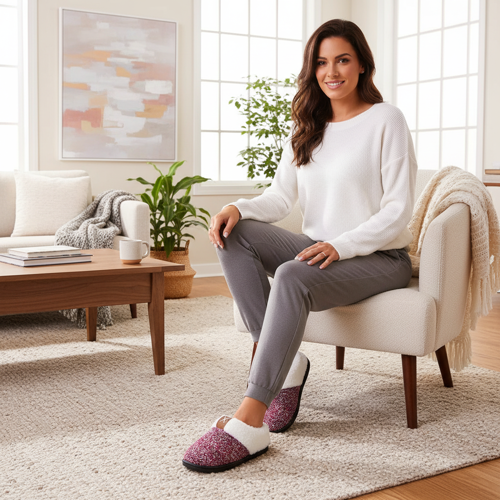 Wine red fleece-lined slippers living room lifestyle