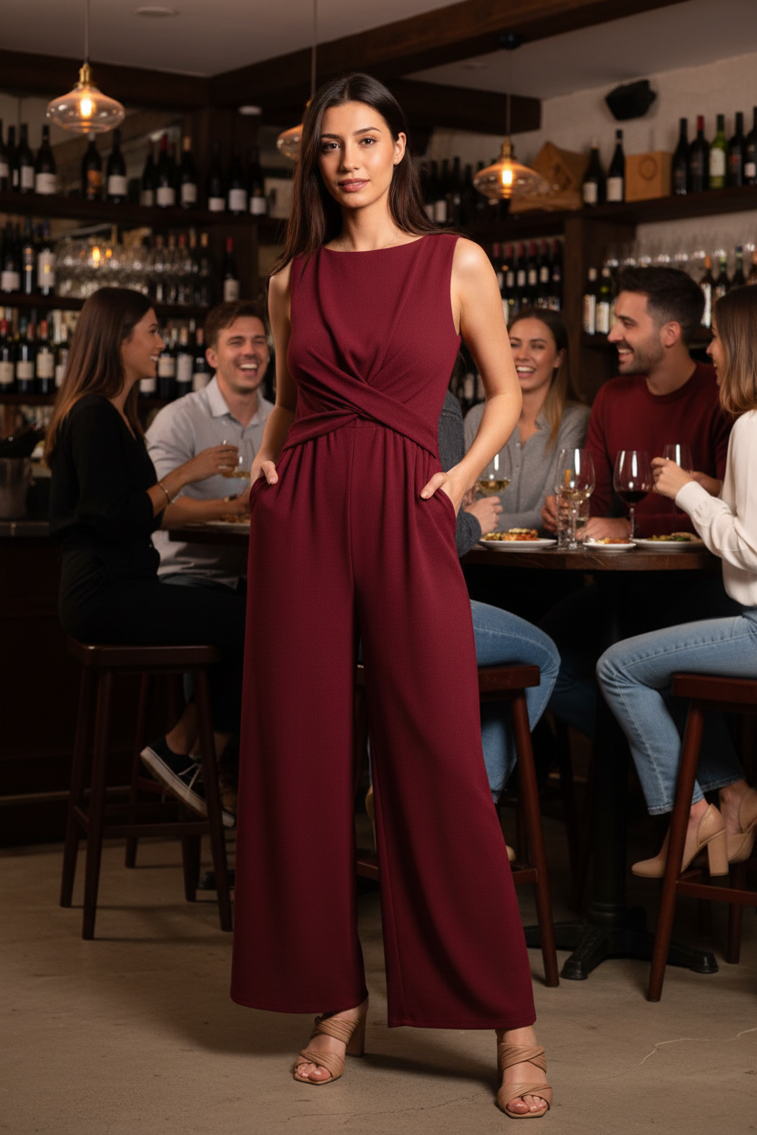 Woman at wine bar - detailed prompt with no holding instructions