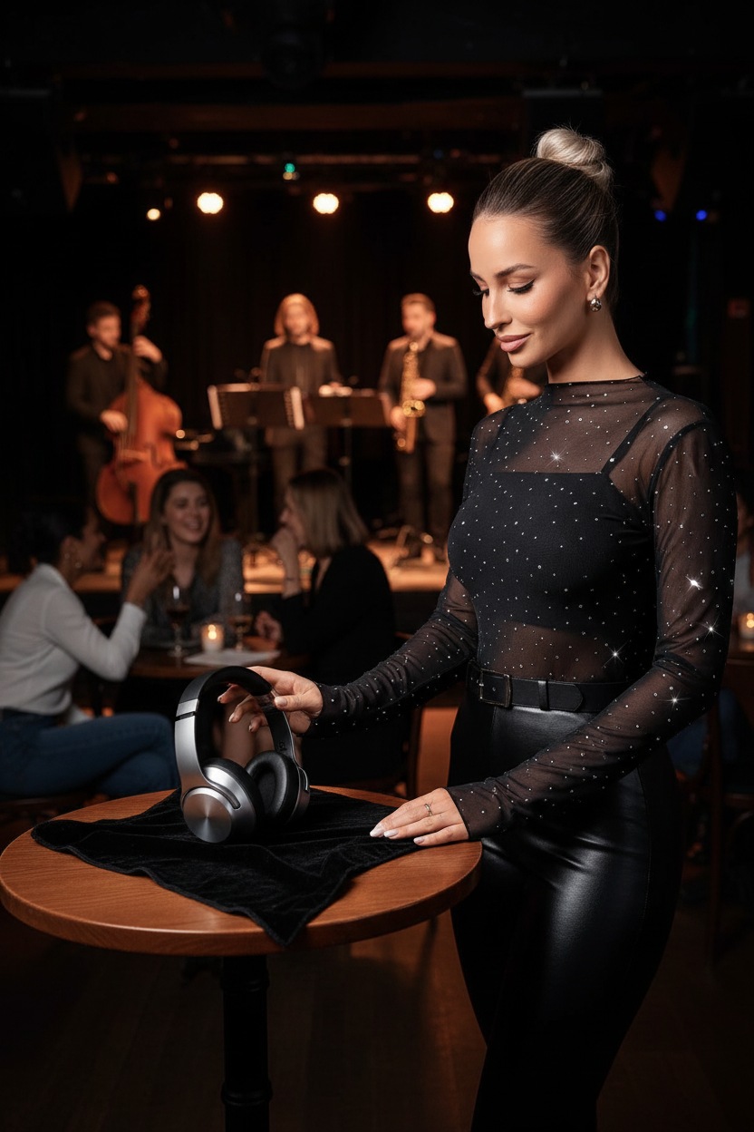 Woman in black mesh rhinestone top at jazz club - natural lighting