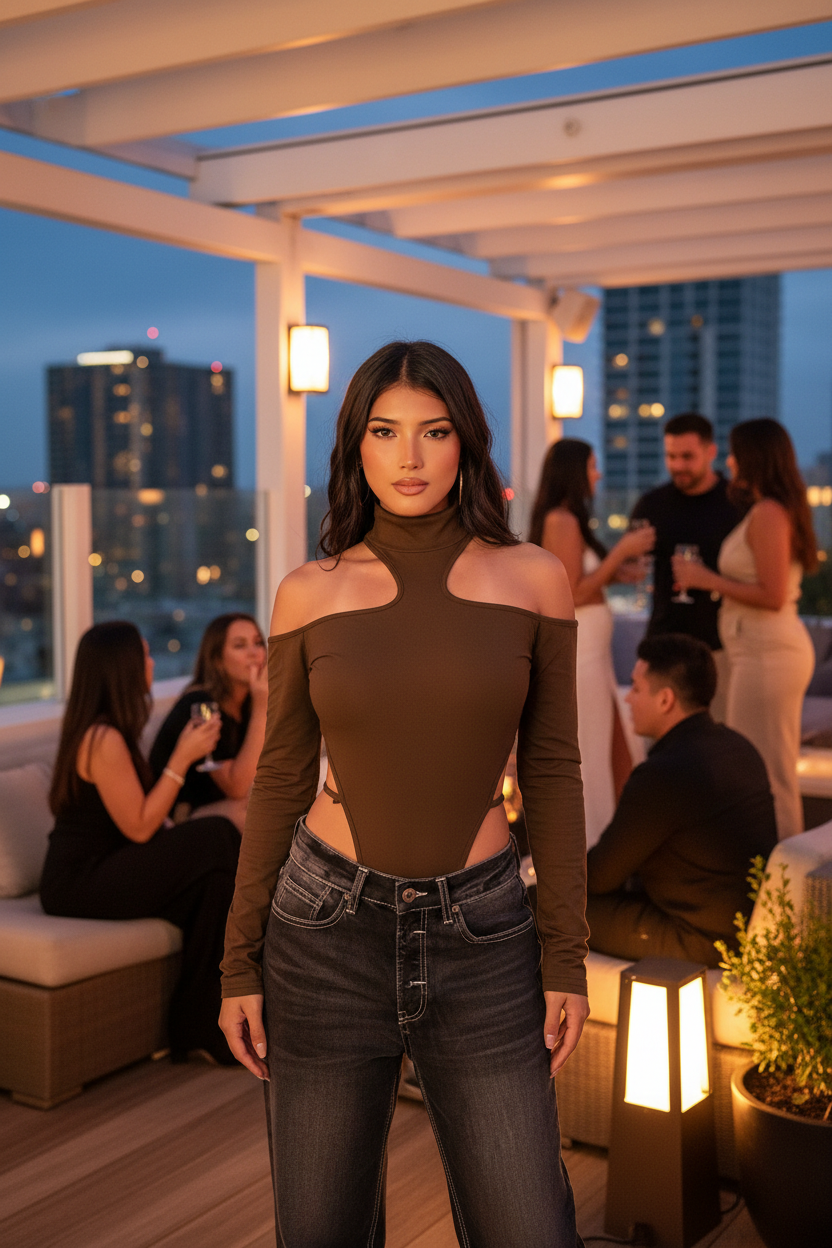 Woman in bodysuit at rooftop lounge