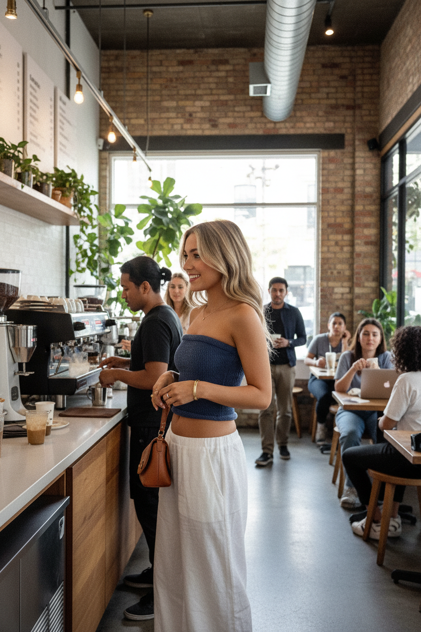 Woman in strapless crop top using file_ids