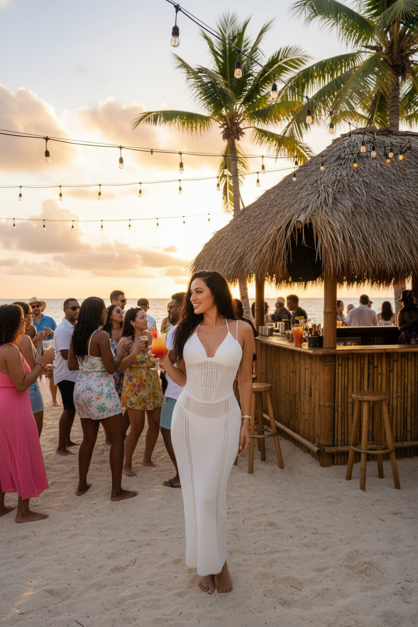 Woman in white crochet dress at beach club party