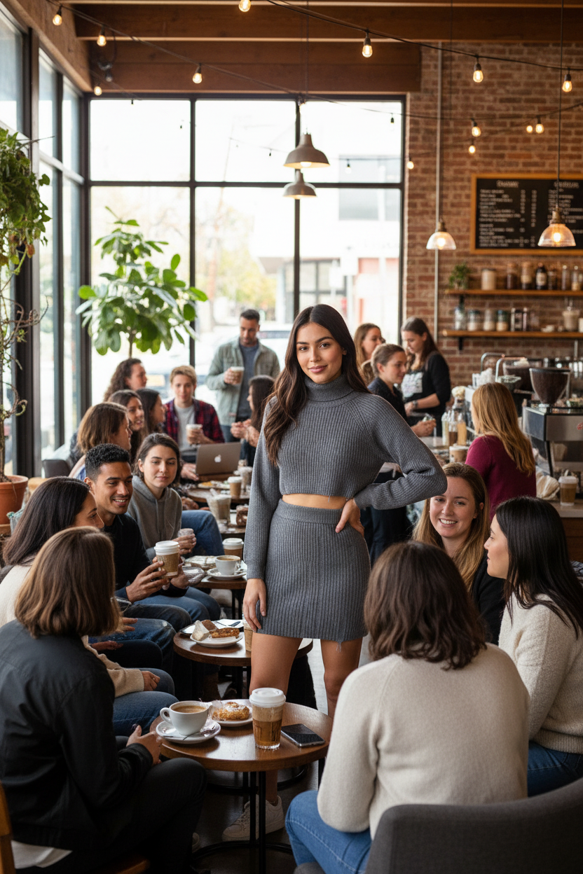 Woman wearing knit mock neck top and skirt set at coffee shop