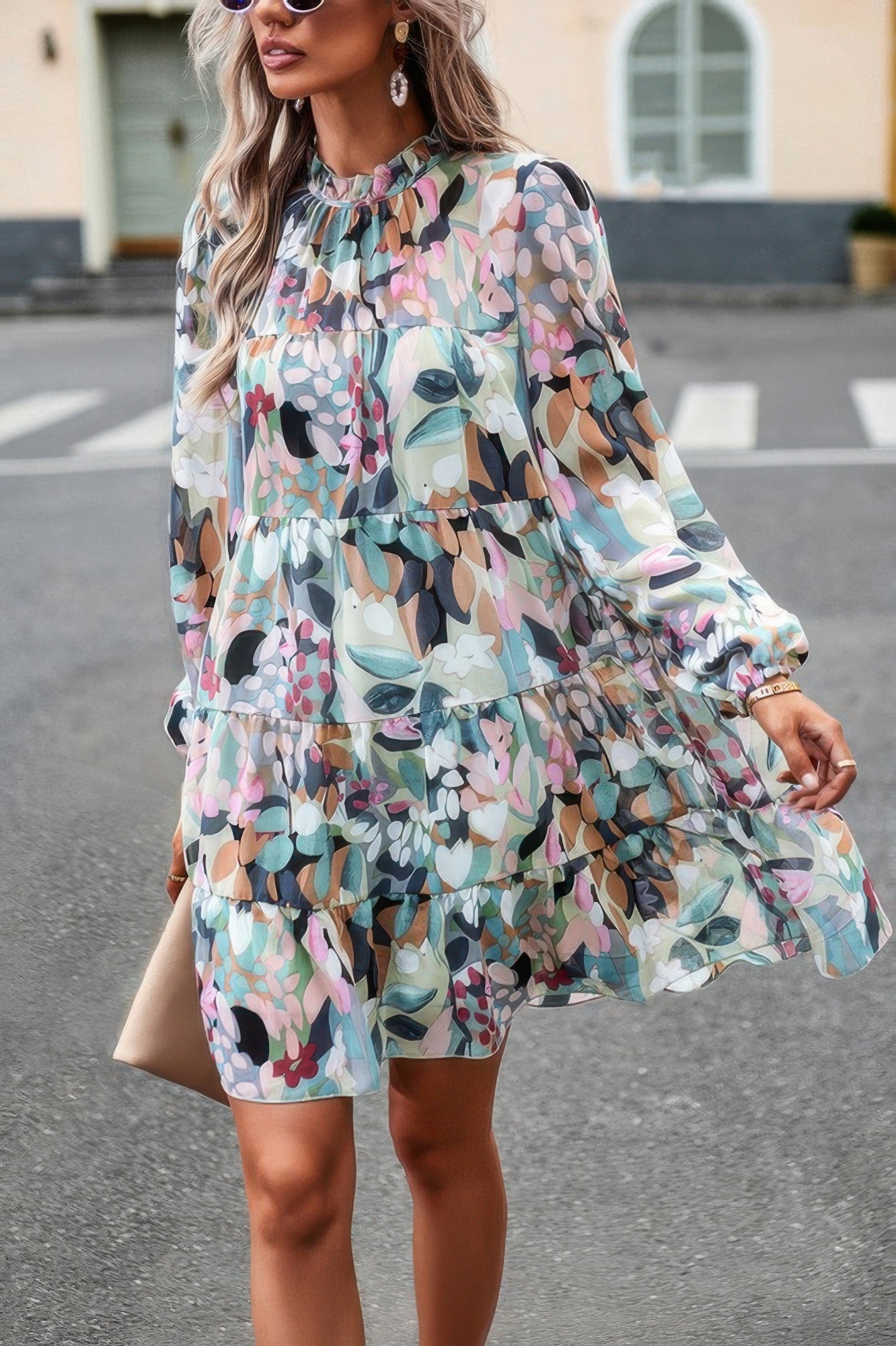 CCWHOLESALECLOTHING abstract print tiered dress in pastel multicolor chiffon with long sleeves and ruffle tiers