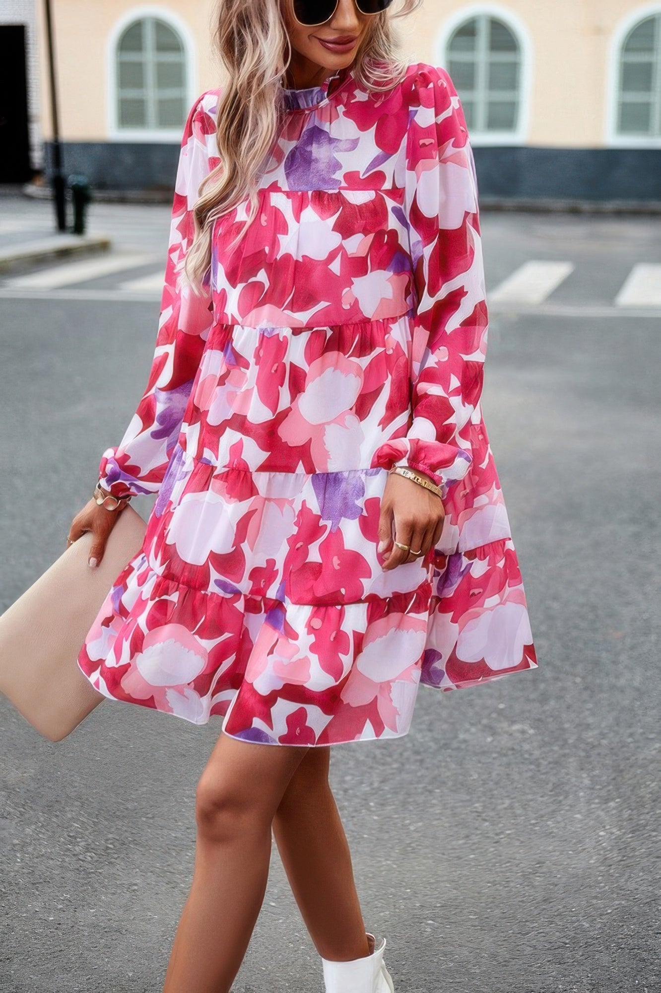 CCWHOLESALECLOTHING abstract print tiered dress in pink white and purple floral pattern with high neckline and long sleeves