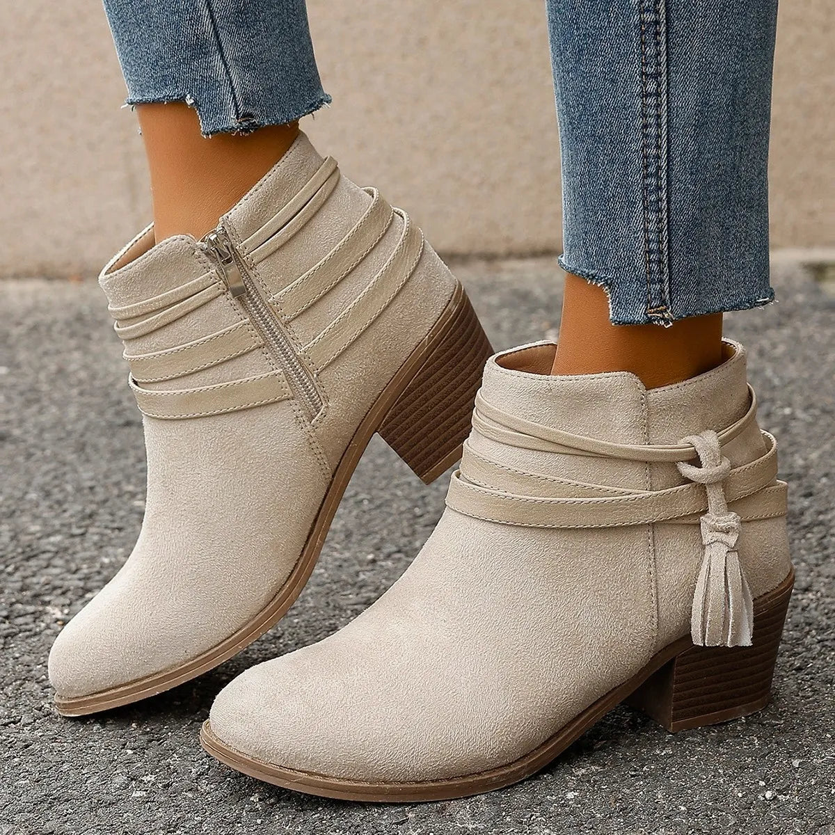 Trendsi beige suede ankle Block Heels Boots with side zipper stacked wooden heel wrap tassel detail