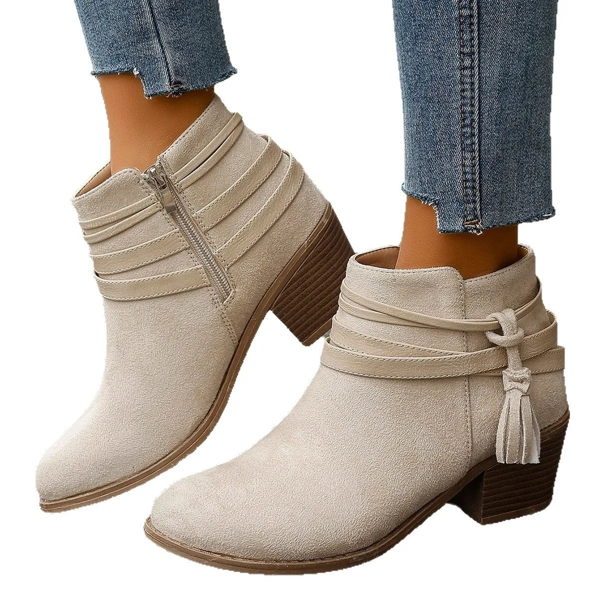 Trendsi beige suede ankle Block Heels Boots with wrap strap and tassel side zipper and stacked wooden heel