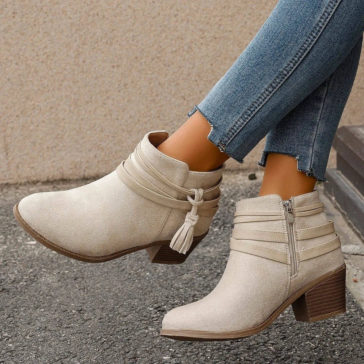 Trendsi beige suede ankle Block Heels Boots with tassel strap side zipper and stacked wooden heel