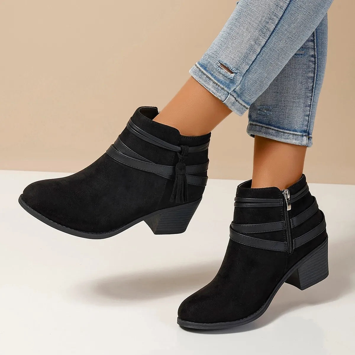 Trendsi black suede ankle Block Heels Boots with side zipper straps and tassel, low stacked heel