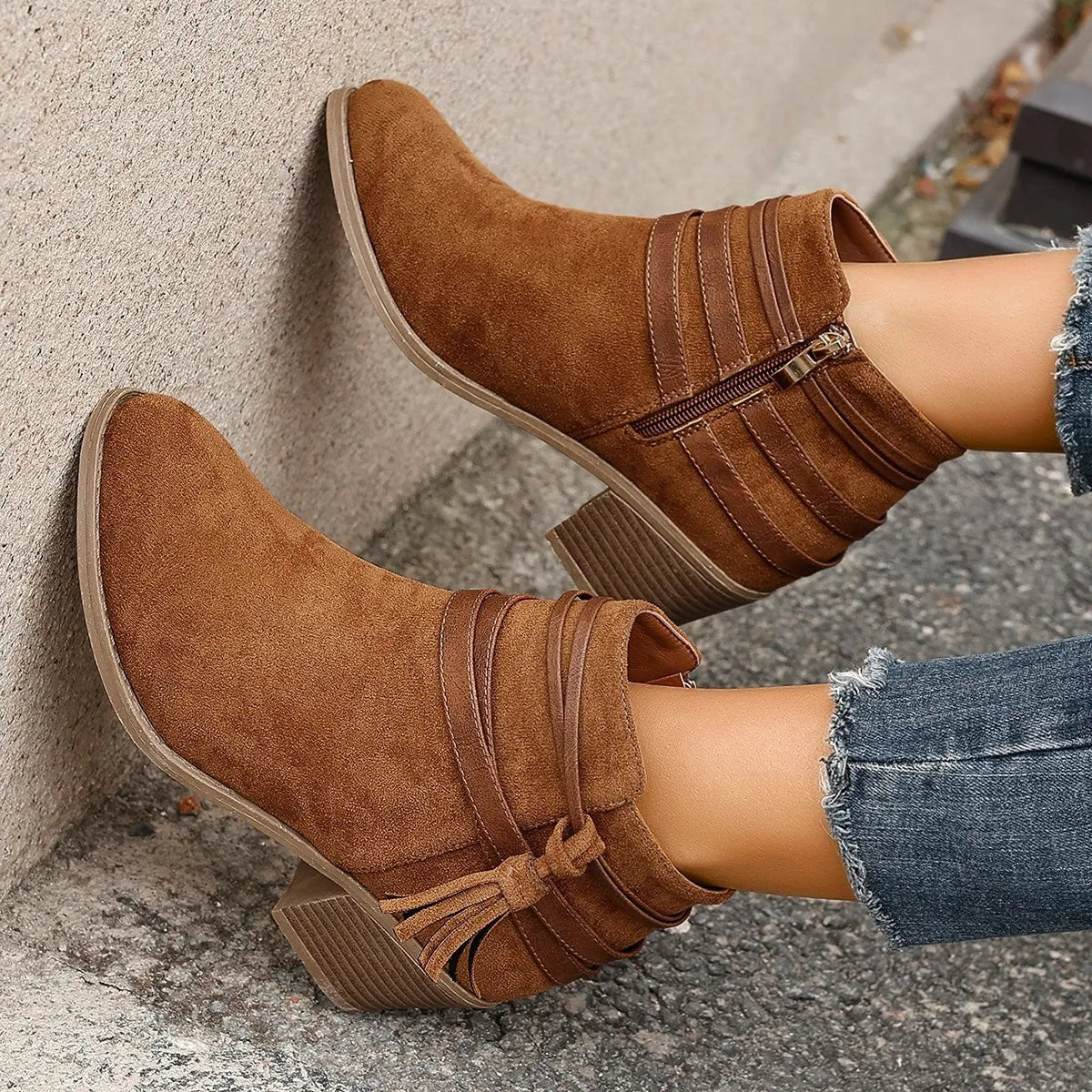 Trendsi brown suede ankle Block Heels Boots with side zipper tassel strap and stacked heel for casual wear