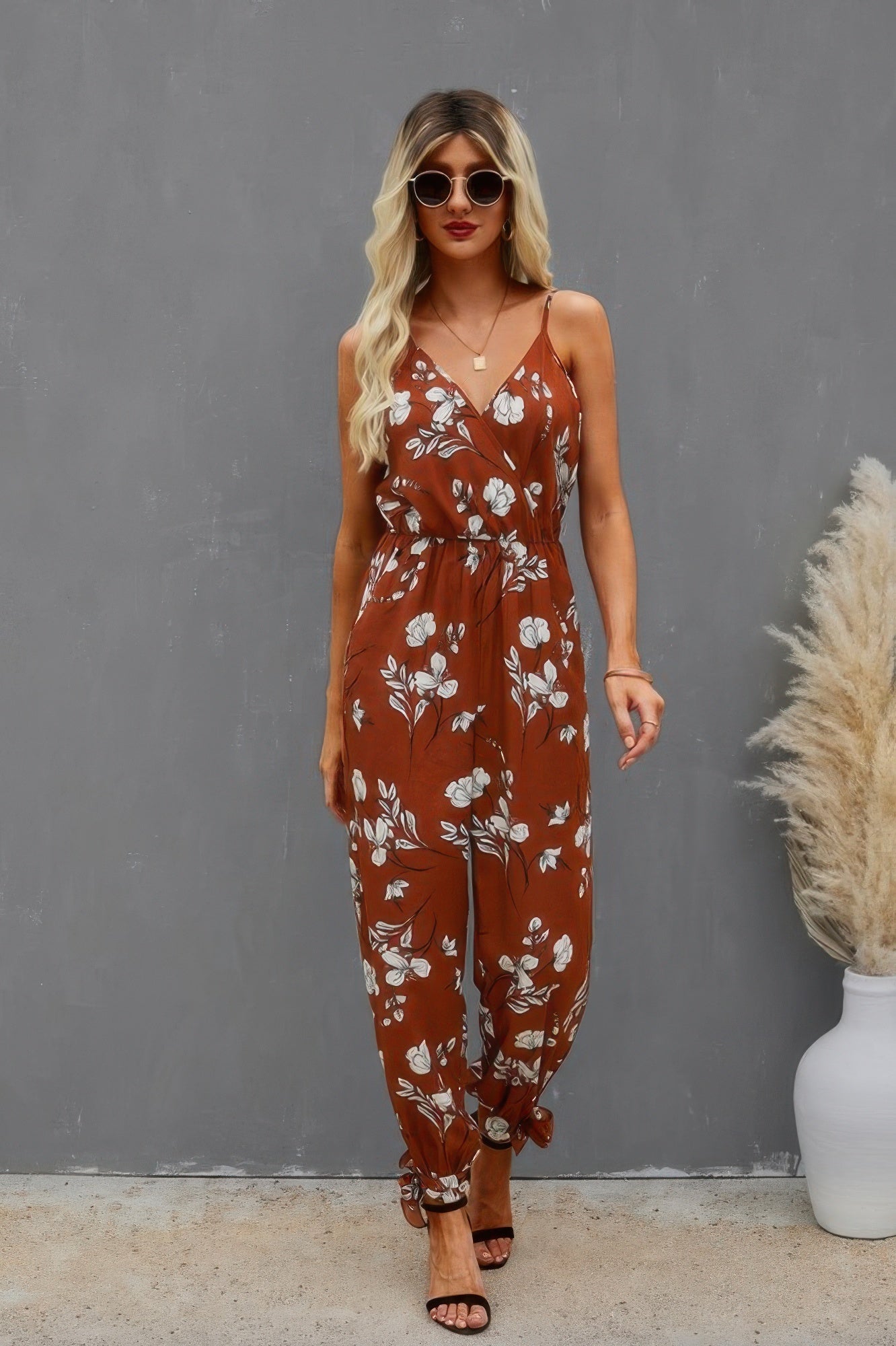 CCWHOLESALECLOTHING rust floral v neck spaghetti strap jumpsuit with tie waist and ankle ties