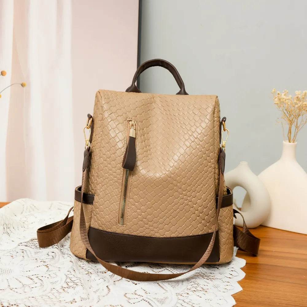 Trendsi Woven Backpack Handbag in tan with a stylish zipper for daily use and convenience