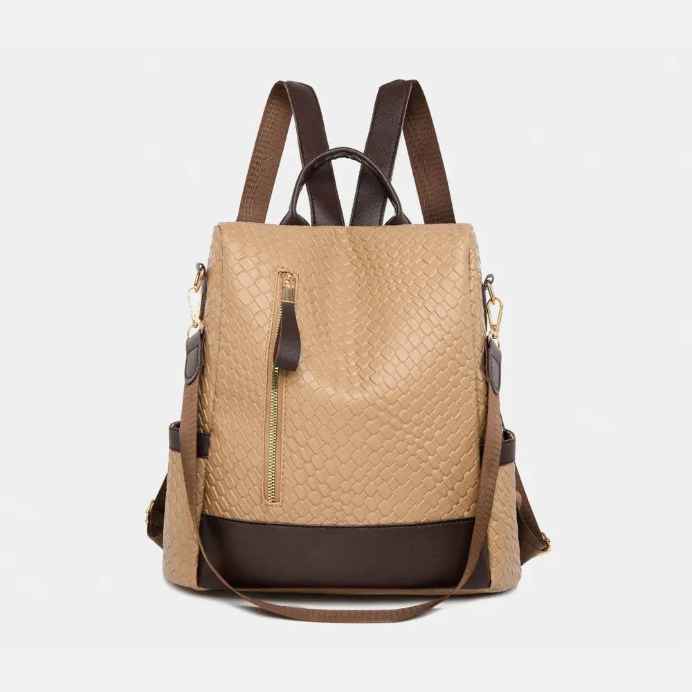 Trendsi Woven Backpack Handbag in beige with adjustable straps and gold zipper detail