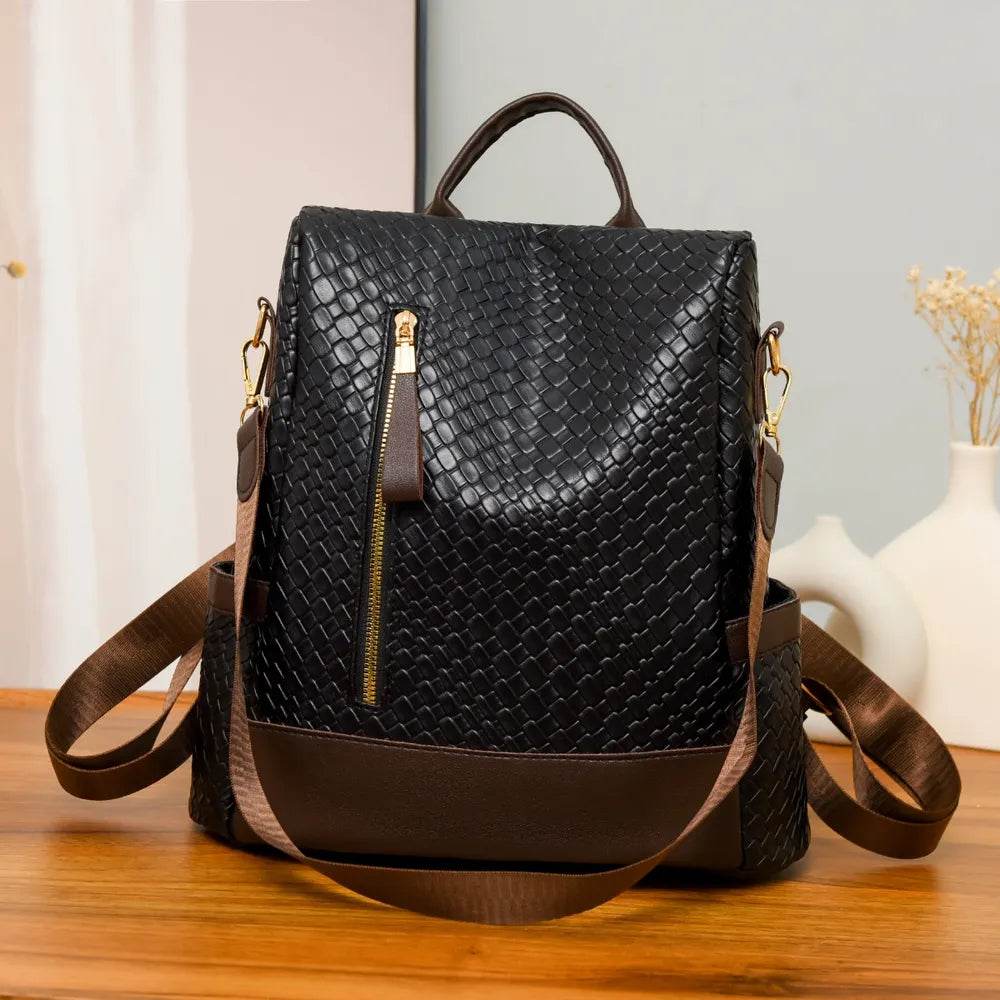 Stylish black Woven Backpack Handbag with a textured finish and adjustable straps