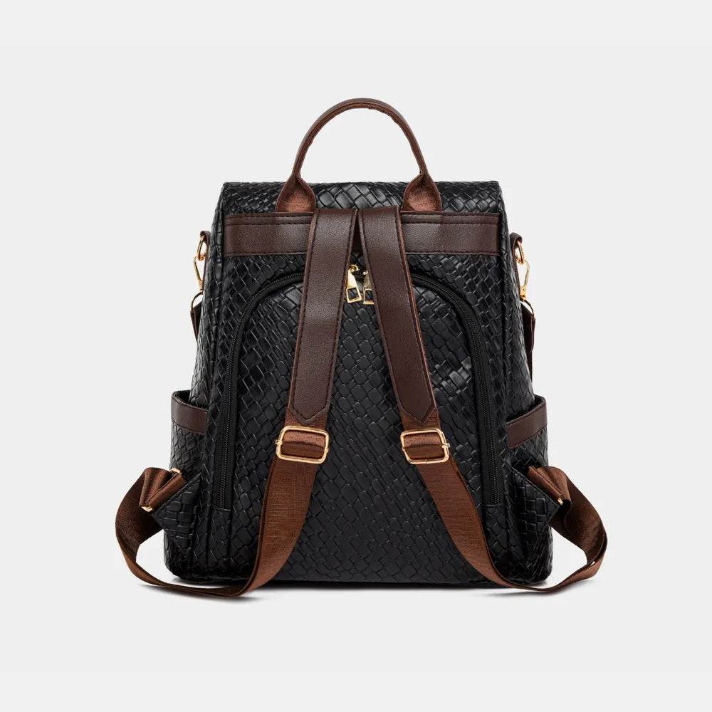 Stylish Woven Backpack Handbag in black with leather accents and adjustable straps