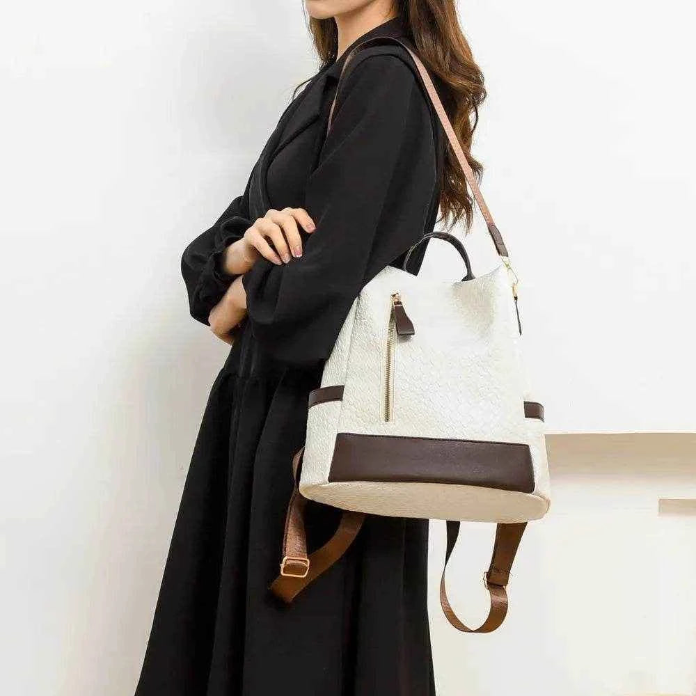 Trendsi Woven Backpack Handbag in white with brown accents, perfect for stylish everyday use.