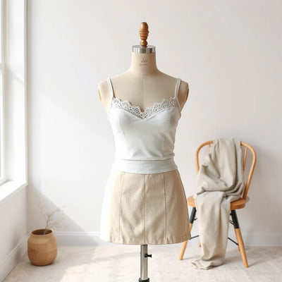 Wide lace bandeau top on a neutral mannequin with simple outfit styling in soft natural light