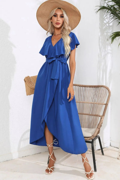 Double Take Full Size Ruffled V-Neck Cap Sleeve Dress