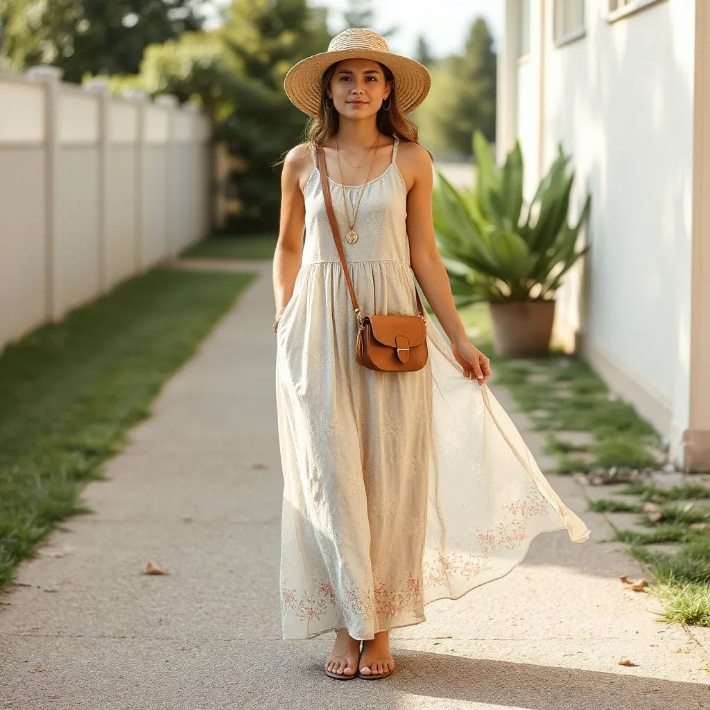 Model wearing a flowing sleeveless boho maxi dress with hat, layered jewelry, and sandals outdoors