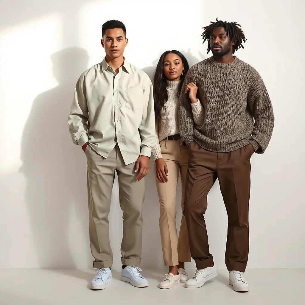 Two models wearing coordinated unisex outfits with clean neutrals and simple accessories in a minimalist studio