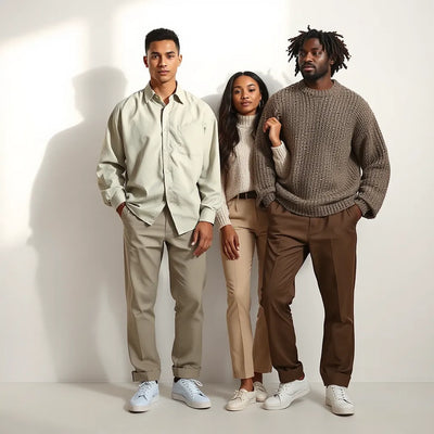 Two models wearing coordinated unisex outfits with clean neutrals and simple accessories in a minimalist studio