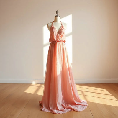 Pink multi-tone halter maxi dress styled in a bright, minimal editorial setting