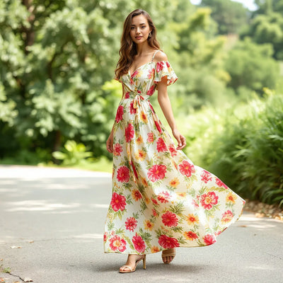 Model in a vibrant floral maxi summer dress outdoors with a flowing skirt and lightweight fabric