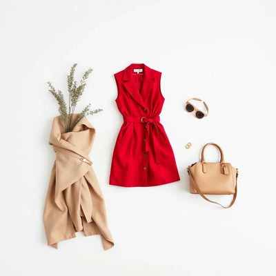 Red blazer mini dress styled with heels and accessories in a minimalist studio setting