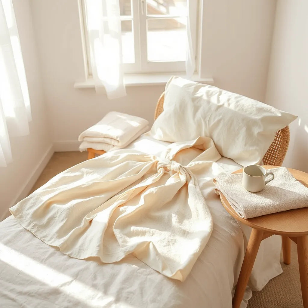 Soft cotton muslin robe draped over a chair in a bright, minimal room with natural light and linen bedding