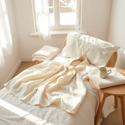 Soft cotton muslin robe draped over a chair in a bright, minimal room with natural light and linen bedding