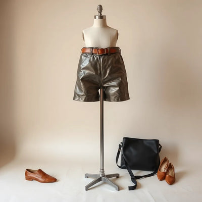 Metallic faux leather booty shorts on a mannequin with soft studio lighting and minimal styling accessories