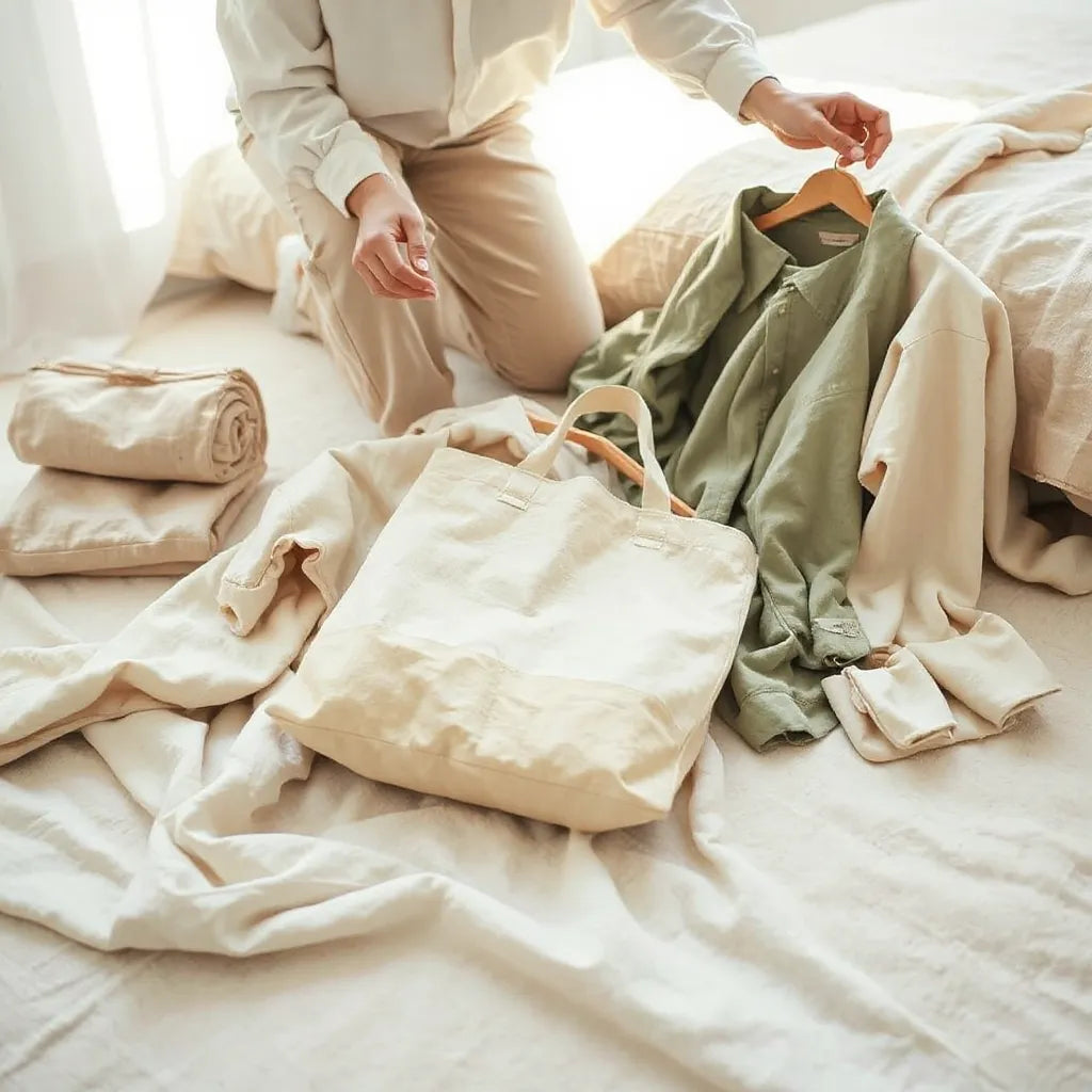 Person reviewing natural-fabric clothing with a reusable tote in bright, minimal light
