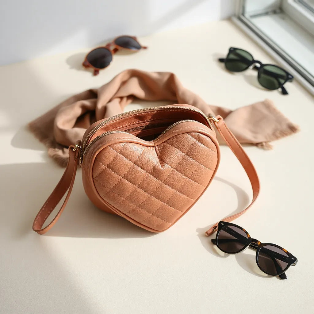 Quilted heart-shaped crossbody bag with adjustable strap on a neutral styled surface