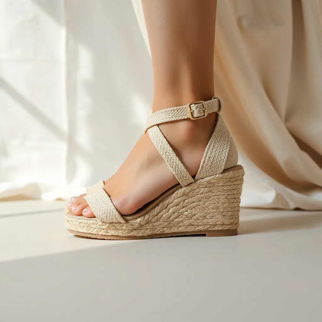 Espadrille platform wedge sandals with an adjustable ankle strap on a clean neutral background