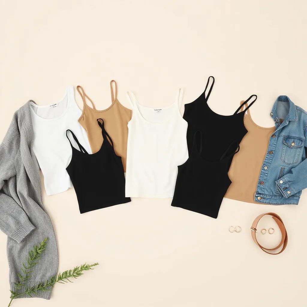 Neatly styled camis and tanks in neutral tones layered with a cardigan and denim jacket