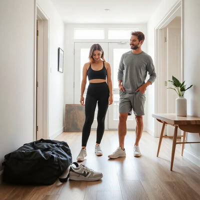 People in modern activewear outfits getting ready for a morning workout with sneakers and a duffel bag nearby