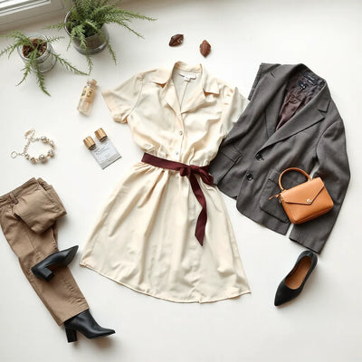 Neatly styled outfit with jacket, pants, belt, and accessories on a neutral background