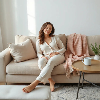 Woman in relaxed loungewear set lounging on a sofa with soft blanket and natural light