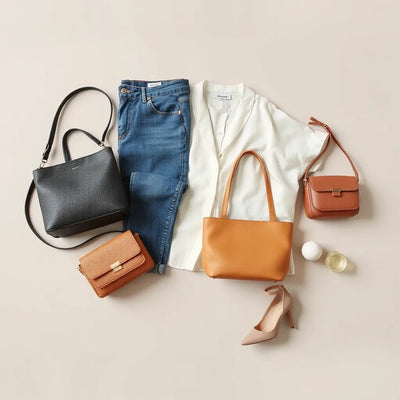 Assorted unique bags styled with a neutral outfit on a clean studio background