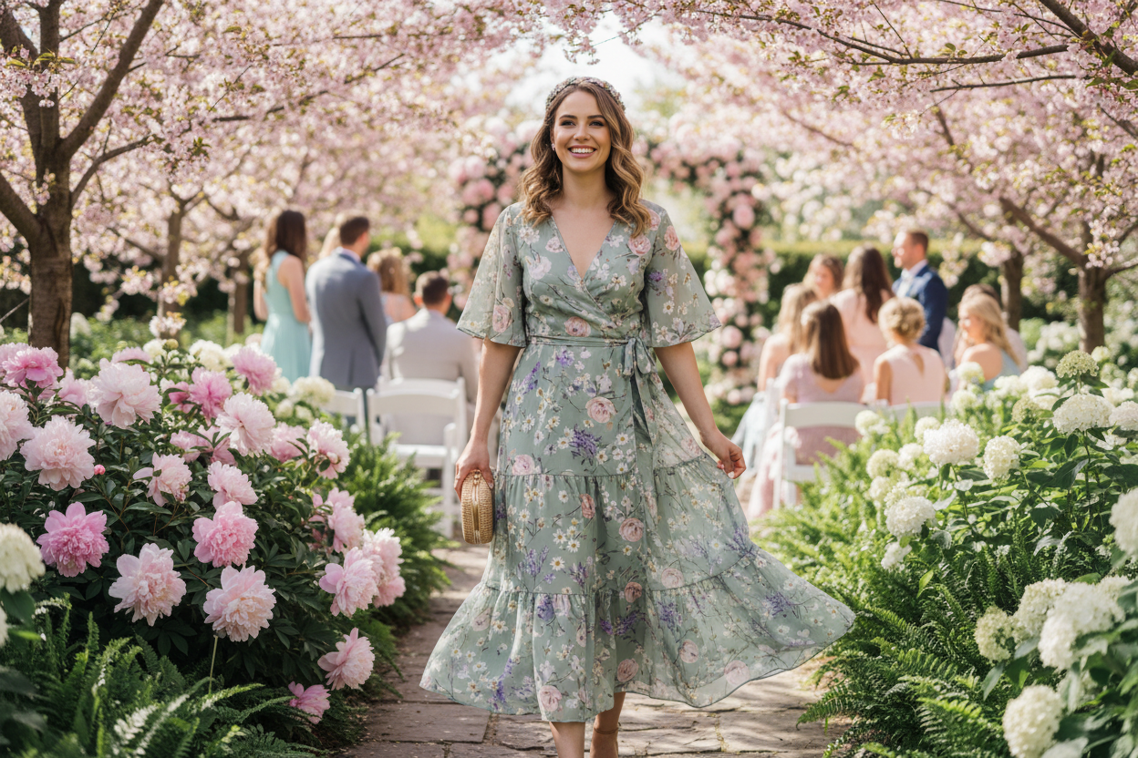 Spring wedding guest in elegant floral dress at garden ceremony