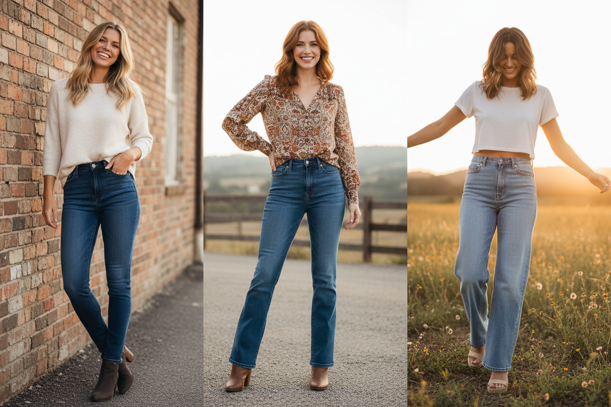 Three women modeling high waisted and relaxed fit denim outdoors showcasing Affordable Trendy Jeans collection