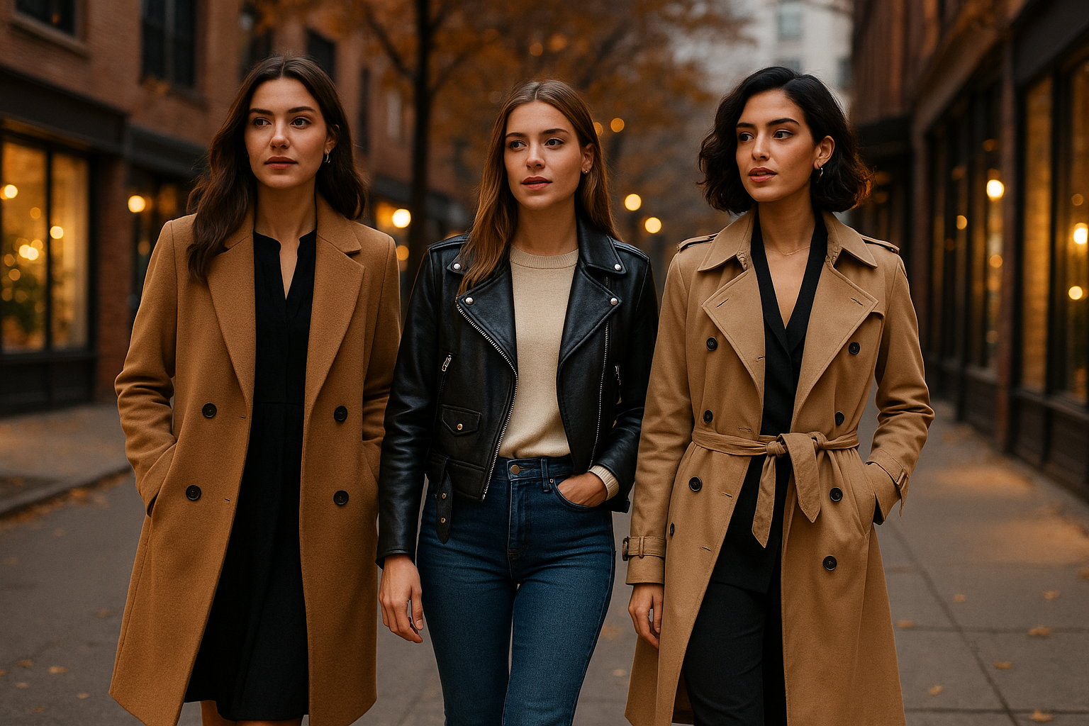 Three women in stylish Coats & Jackets walking on an autumn city street showcasing trench coats and a leather jacket