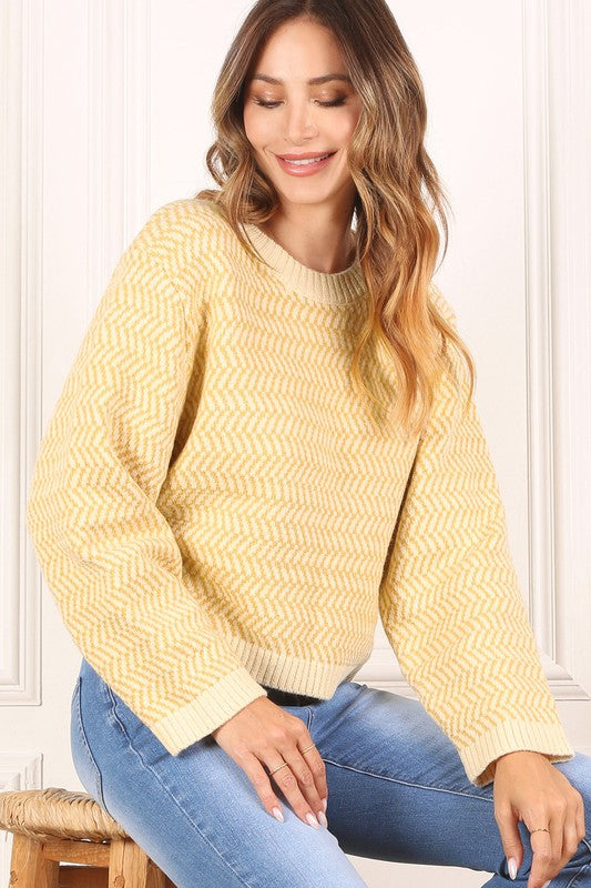 Herringbone Pattern Crew Neck Long Sleeve Sweater