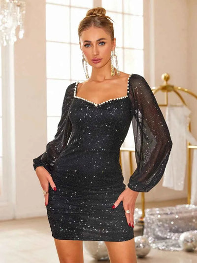 Black Pearl Trim Mini Dress - Sweetheart Neck Long Sleeve