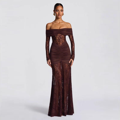 Off-Shoulder Bodycon Dress - Lace Long Sleeve Gown - Fashions Envy