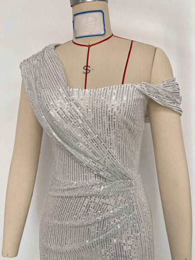 Sequin Midi Dress - White Short Sleeve Round Neck Party