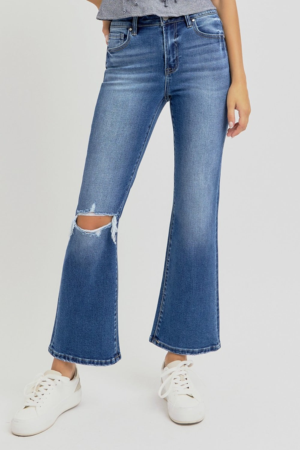 Full Size Distressed High Rise Crop Flare Risen Jeans