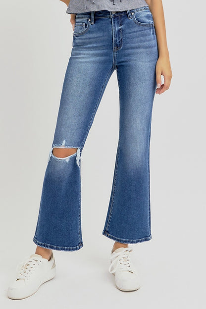 Full Size Distressed High Rise Crop Flare Risen Jeans