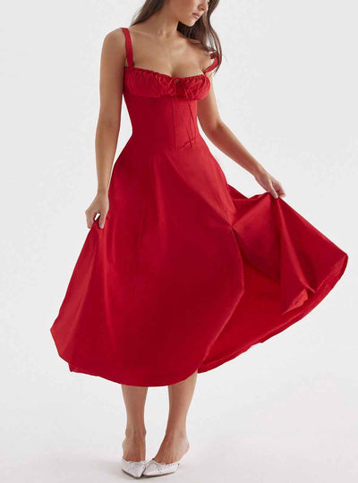 Corset Lace-Up Back Midi Dress - Wide Strap Side Slit